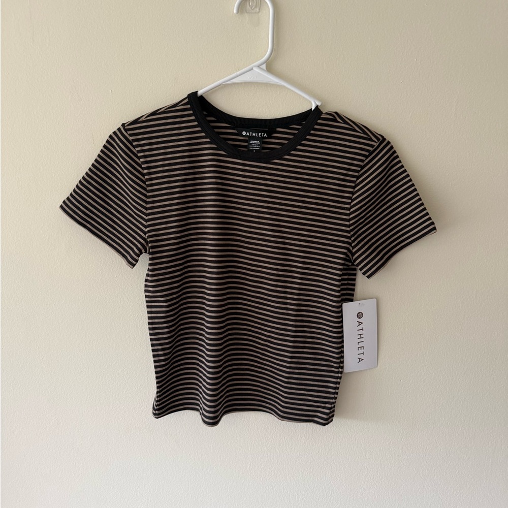 Athleta Black and Tan Striped Short Sleeve Tee